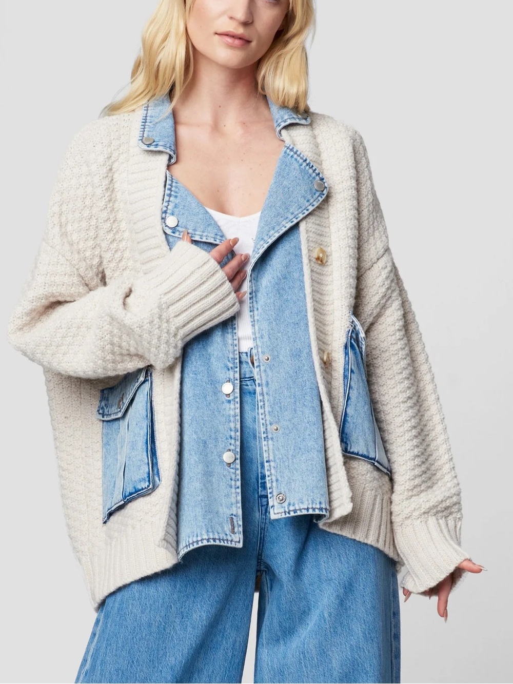 BlankNYC Denim Neutral Knit Last Call Button Up Cardigan Sweater Jacket